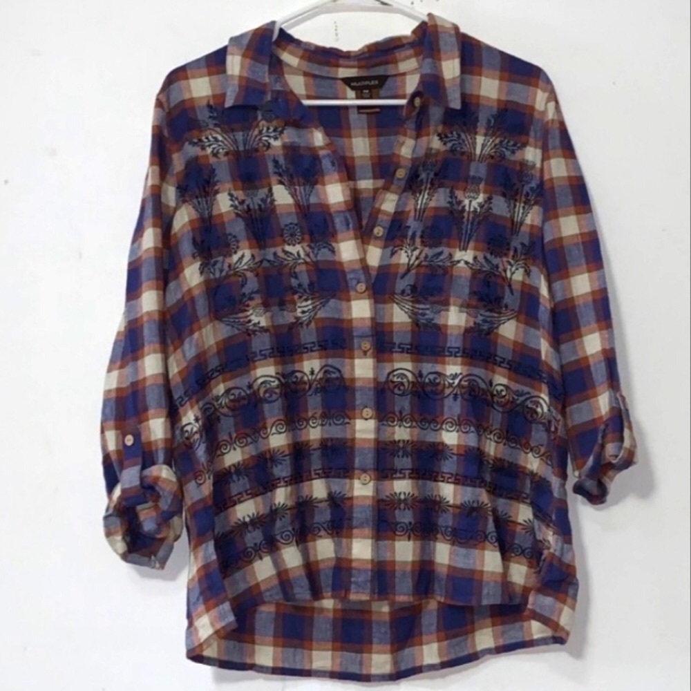 🐦 Multiples sz M Linen Blend Embroidered Plaid Button Down Shirt